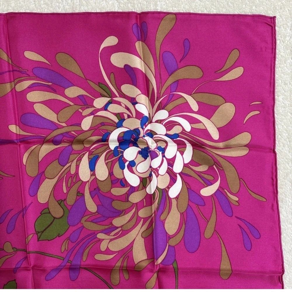 Christian Dior Silk Scarf 30in Fuchsia Pink Floral Botanical Leaves Design